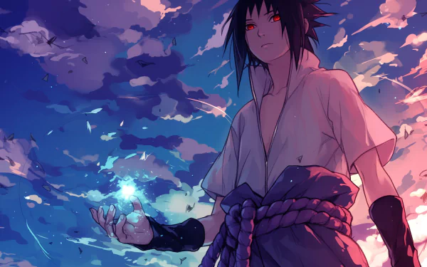 Sasuke Uchiha stands confidently against a vibrant sky, wielding Chidori, with his Sharingan activated. This HD wallpaper captures the essence of Naruto's intense battles.