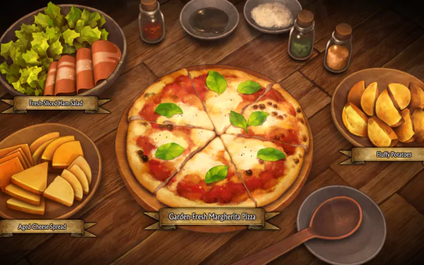 HD desktop wallpaper featuring a deliciously animated video game feast with a Unicorn Overlord themed pizza at the center, surrounded by assorted side dishes on a wooden table.