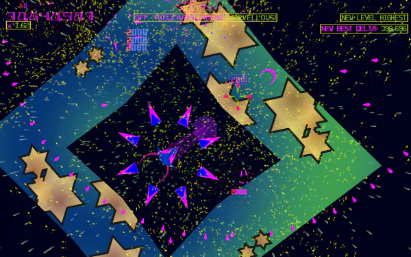 HD desktop wallpaper featuring colorful abstract graphics for the video game Akka Arrh, with vibrant blue and green geometric shapes and sparkling stars on a dark background.