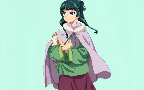 HD anime desktop wallpaper featuring Maomao from The Apothecary Diaries, holding a small animal against a soft mint green background.