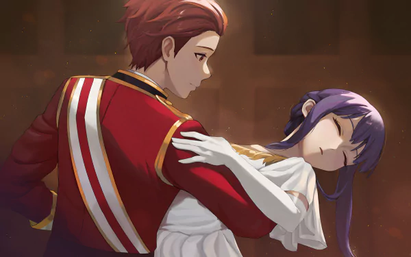 HD anime desktop wallpaper featuring Stark holding Fern from Frieren: Beyond Journey's End in a warm, softly lit scene.