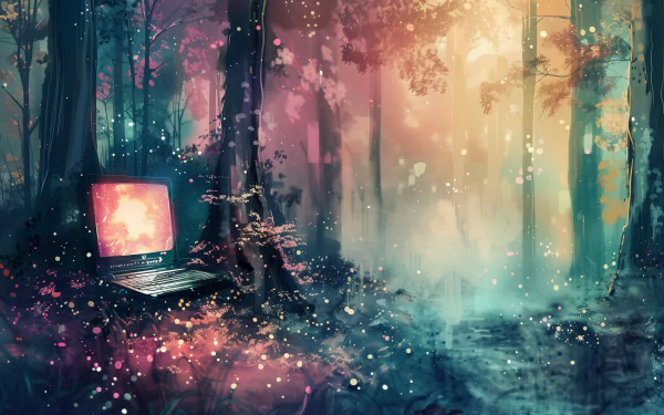 HD wallpaper featuring a mystical forest with a glowing laptop amidst ethereal lights and colors.