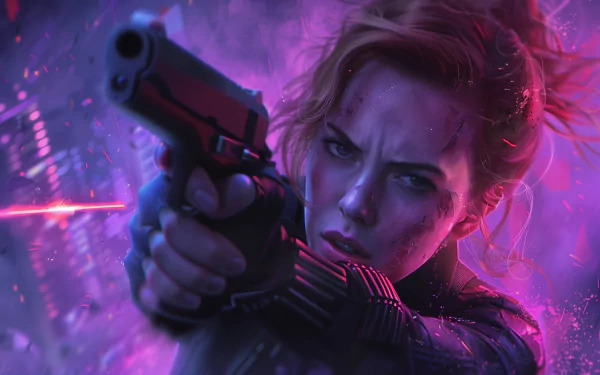 Vivid fan art of Black Widow, featuring a fierce close-up of her aiming a gun with a striking purple and blue background. This HD image serves as an engaging desktop wallpaper.