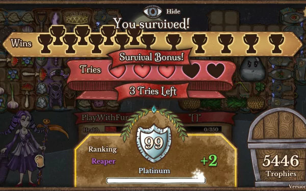 HD desktop wallpaper featuring a victory screen from the video game Backpack Battles, with a survival bonus and platinum ranking.