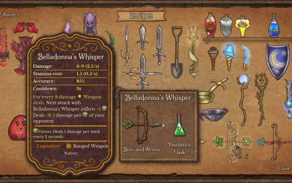 HD desktop wallpaper featuring Backpack Battles video game inventory screen with 'Belladonna's Whisper' weapon details and various in-game items like potions, weapons, and shields.