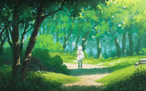 Anime HD desktop wallpaper from Frieren: Beyond Journey's End featuring Frieren standing on a sunlit forest path surrounded by lush green trees.