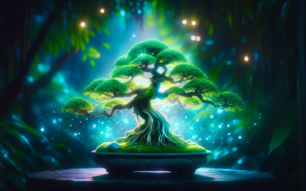 HD desktop wallpaper of a mystical bonsai tree glowing with ethereal light, set against a moody, enchanted forest background.