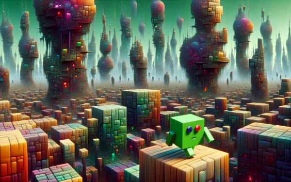 HD desktop wallpaper featuring a green animated character in a vibrant cubic landscape with futuristic towers.