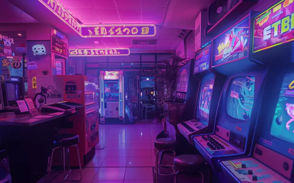 HD desktop wallpaper of a neon-lit arcade room with retro gaming machines for a vibrant neon aesthetic background.