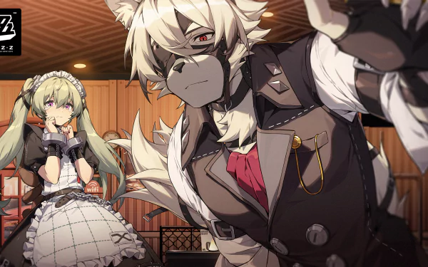 HD PC desktop wallpaper featuring Von Lycaon from Zenless Zone Zero with a character from Honkai: Star Rail in an anime-style video game setting.