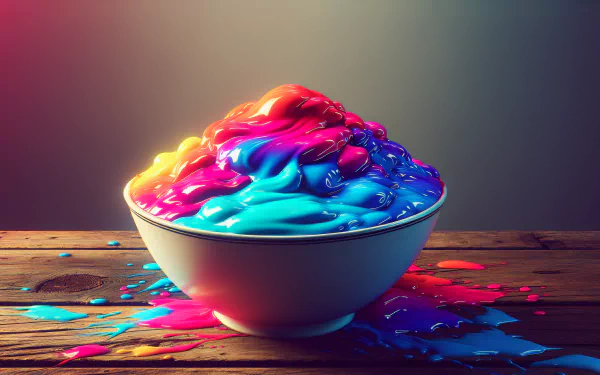 Colorful pudding in a bowl HD wallpaper with vibrant spills on wooden surface for desktop background.