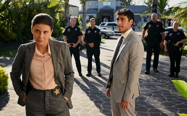 HD desktop wallpaper featuring a scene from the TV show Apples Never Fall with two main characters in the foreground and police officers in the background.