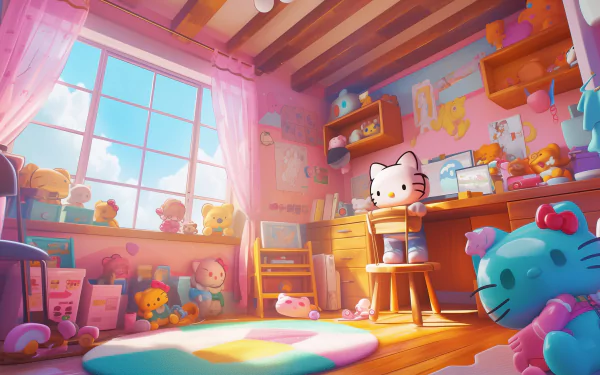 HD animated wallpaper featuring Hello Kitty in a cozy, sunlit room filled with Sanrio characters and pink decor.