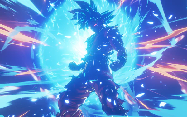 HD wallpaper featuring Goku in Super Saiyan Blue form from Dragon Ball Z with dynamic blue aura effects, perfect for anime desktop backgrounds.