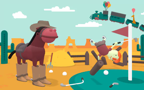 HD desktop wallpaper featuring a whimsical 'What the Golf?' video game scene with a cartoonish horse and golf elements in a playful desert setting.