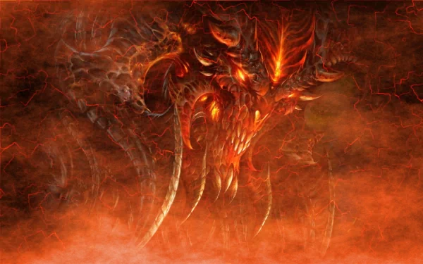 A dramatic HD wallpaper featuring the menacing face of Diablo from Diablo III, surrounded by swirling flames and dark mist, capturing the game's intense atmosphere.