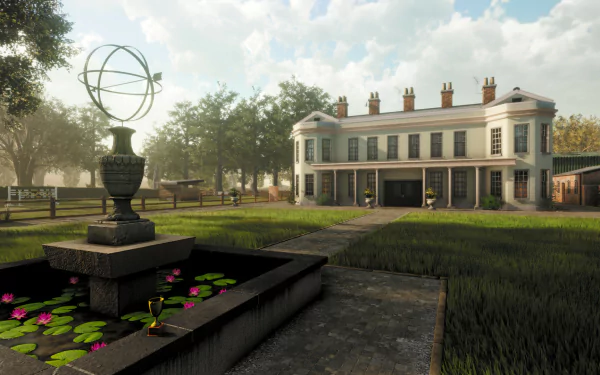 HD desktop wallpaper from Lawn Mowing Simulator video game featuring an elegant estate with an overgrown lawn ready for mowing.