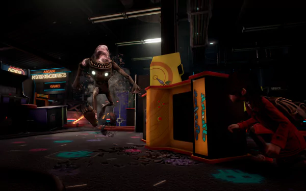 HD wallpaper featuring a suspenseful scene from the video game GYLT, with a character hiding from a menacing creature in a dimly lit arcade environment.
