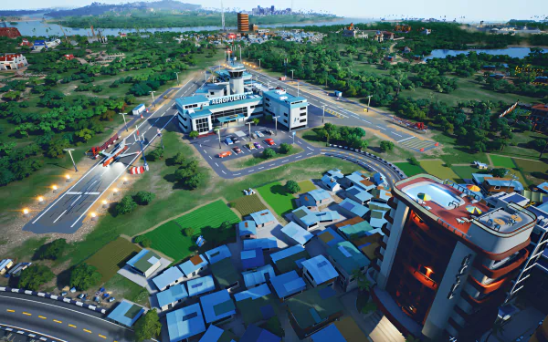 High-definition desktop wallpaper featuring a vibrant scene from the video game Cartel Tycoon with a bird's-eye view of a colorful urban landscape.