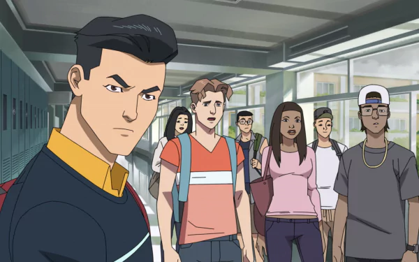 HD wallpaper featuring a scene from the animated TV show Invincible, with the protagonist and other characters in a high school setting.