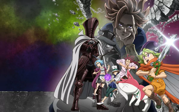 HD wallpaper featuring characters from The Seven Deadly Sins: Four Knights of the Apocalypse, showcasing vibrant colors and dynamic poses against a dramatic background.