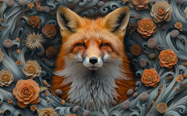 HD desktop wallpaper of a red fox with a detailed floral pattern background.