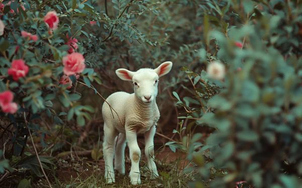Adorable young lamb standing amidst a garden of blooming flowers, captured in high-definition for a serene desktop wallpaper background.