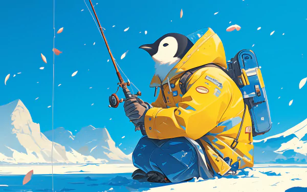 HD desktop wallpaper featuring an illustrated penguin in a yellow fishing outfit holding a fishing rod against a serene icy backdrop.