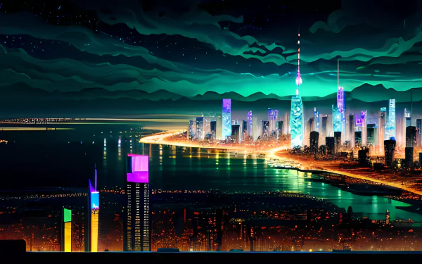 cityscape panorama neon night waterfront HD Desktop Wallpaper | Background Image