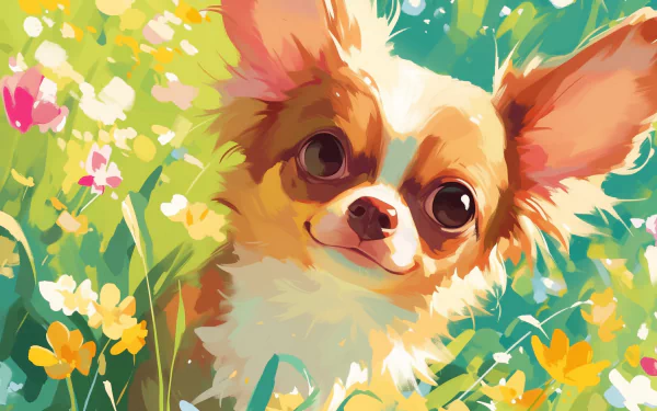 Colorful HD desktop wallpaper featuring an adorable Chihuahua amidst a vibrant floral background.