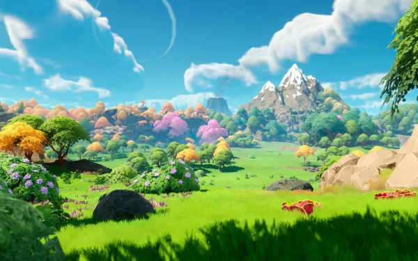 HD desktop wallpaper featuring vibrant scenery from the video game Lightyear Frontier with lush green fields and colorful trees.