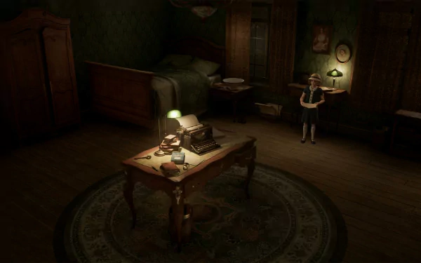Alone in the Dark 2024 video game HD desktop wallpaper featuring a dimly lit vintage room with a character standing near a desk under a lamp.