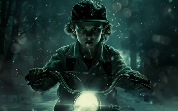 HD Stranger Things-themed desktop wallpaper featuring a mysterious character on a bike in a dark, eerie forest setting.