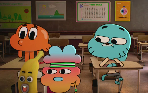 HD wallpaper featuring characters from *The Amazing World of Gumball*: Gumball Watterson, Darwin Watterson, and friends in a classroom setting.