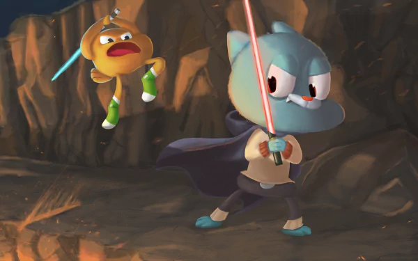 HD desktop wallpaper featuring Gumball Watterson as a Jedi with a lightsaber and Darwin Watterson in a 'The Amazing World of Gumball' themed illustration.