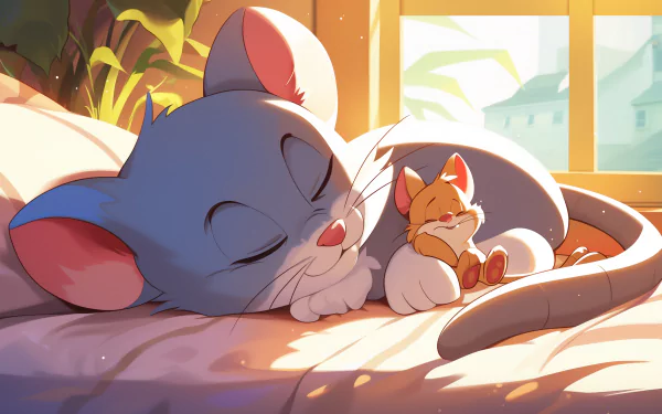 HD desktop wallpaper of Tom and Jerry lounging peacefully, capturing a serene moment between the classic animated cat and mouse duo.