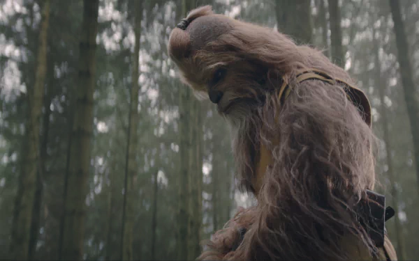 A high-definition image of Chewbacca in a forest setting, featured in the upcoming TV show The Acolyte (2024), creating an immersive background for fans.