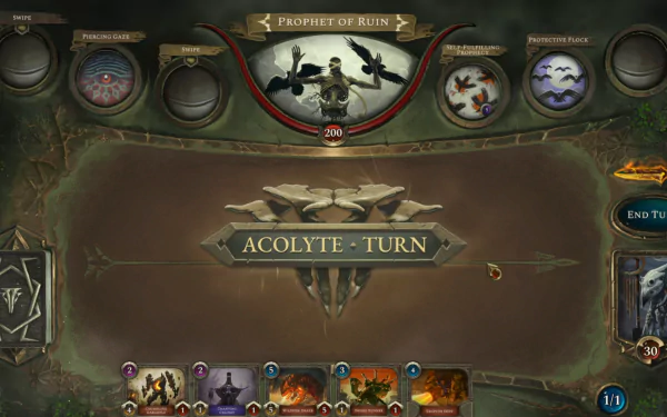 HD wallpaper featuring Acolyte of the Altar's turn in a video game with mystical interface elements and cards.