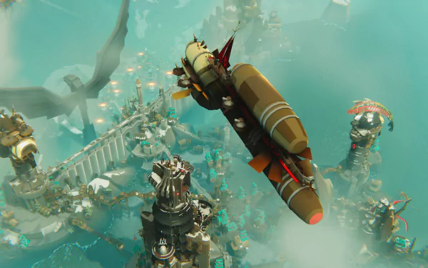 HD desktop wallpaper from Bulwark: Falconeer Chronicles video game, featuring an aircraft soaring over a futuristic cityscape.