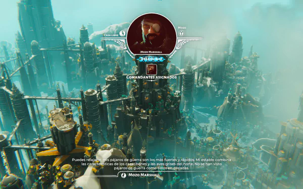 HD wallpaper from Bulwark: Falconeer Chronicles video game featuring a character dialogue screen and an expansive aerial view of a bustling fantasy cityscape.