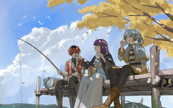 HD anime desktop wallpaper featuring Stark, Fern, and Frieren from Frieren: Beyond Journey's End sitting together on a dock under a bright blue sky with autumn leaves.