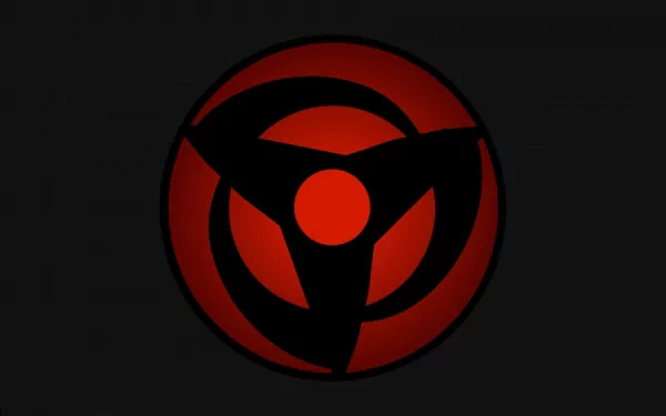 HD desktop wallpaper featuring the Mangekyō Sharingan from the anime Naruto. The image showcases a black and red symbol on a dark background.
