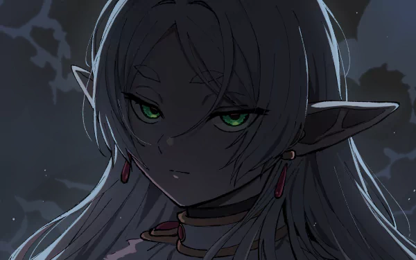 Close-up of Frieren from the anime Frieren: Beyond Journey's End with glowing green eyes and detailed shading, featured as an HD PC desktop wallpaper.