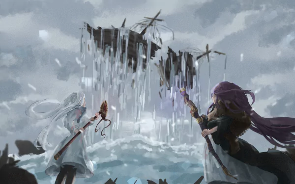 Anime HD wallpaper featuring Frieren and Fern from Frieren: Beyond Journey's End, facing a mysterious floating fortress under a cloudy sky.