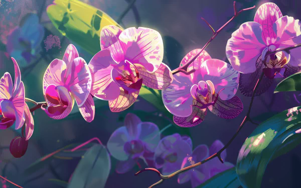 A vibrant HD desktop wallpaper featuring a beautiful arrangement of pink orchids, showcasing their intricate petals and lush green leaves in a serene setting.