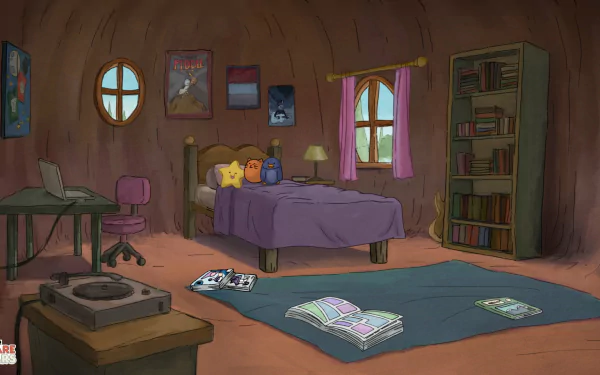 HD wallpaper featuring the We Bare Bears characters in a cozy, cartoon-style bedroom.
