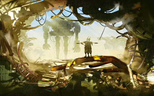 HD wallpaper featuring an artistic depiction of a SaGa Emerald Beyond video game scene with a character standing amidst intricate scenery.