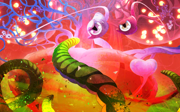 Colorful SaGa Emerald Beyond game artwork HD desktop wallpaper with abstract designs and vibrant hues.