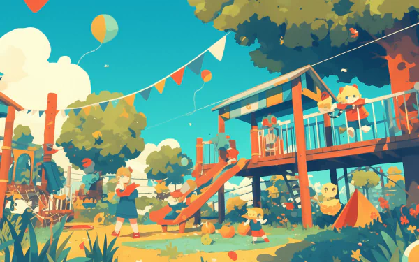 Colorful HD desktop wallpaper depicting a vibrant animated playground scene with children playing, swings, a slide, and balloons.