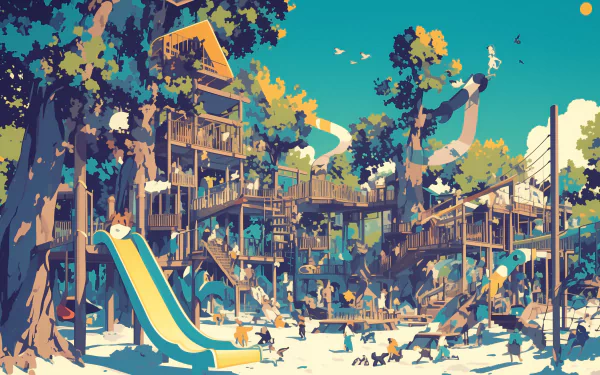 Vibrant HD wallpaper featuring a whimsical playground scene with a treehouse and slide surrounded by lush foliage.